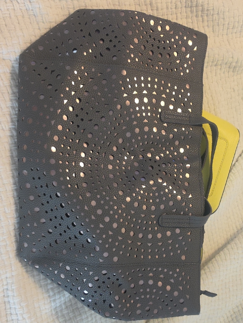 Women's Gray Laser-Cut Tote Bag with Yellow Interior